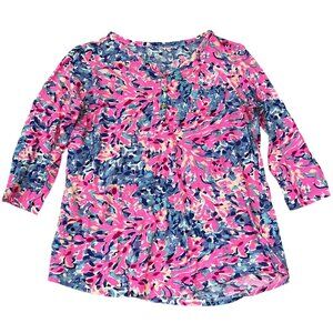 Lilly Pulitzer Coco Coral Crab Girls Large 10/12 Colorful 3/4 Sleeve Blouse